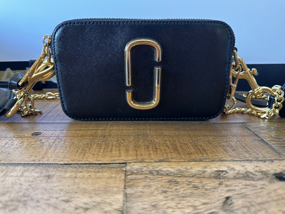Marc Jacobs The Snapshot Bag Women's Small Black Leather Crossbody Glitter Strap